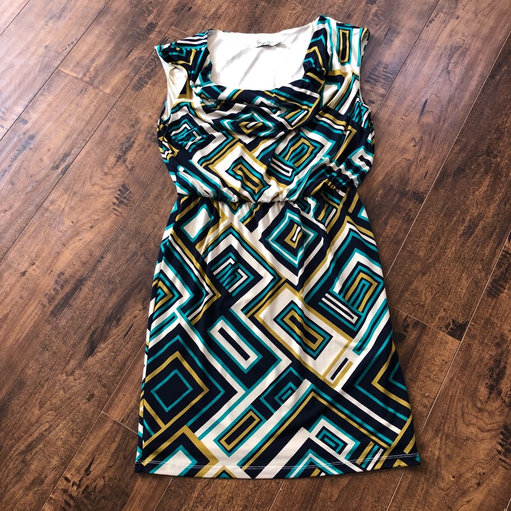 Eliza J. Cowl Neck Geometric Fit And Flare Dress